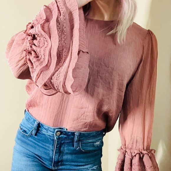 Stellah dusty pink/rose layered semi-sheer exaggerated ruffle bell sleeve blouse - Picture 2 of 12